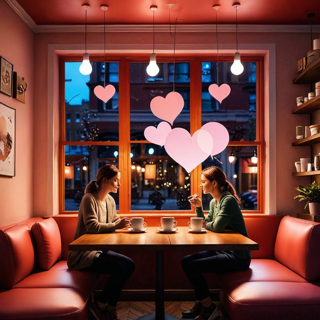A cozy, intimate setting featuring a couple sharing a tender moment over coffee, surrounded by floating heart-shaped icons and soft glowing lights. A backdrop of warm colors to evoke feelings of love and affection, along with subtle symbols of communication such as speech bubbles and letters. The scene should radiate warmth and connection. super-realistic. vibrant colors. soft focus.
