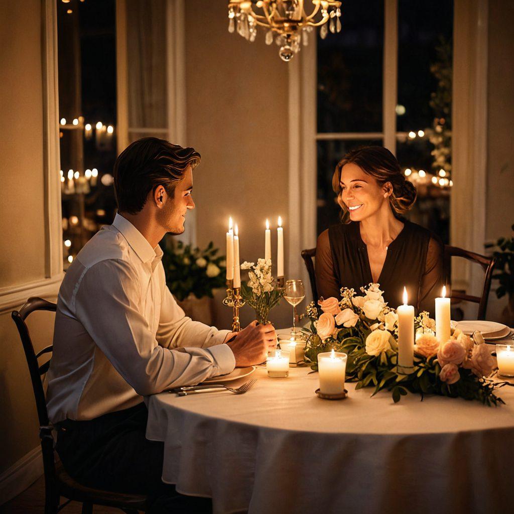 A warm and inviting scene depicting a couple in an intimate setting, sharing a heartfelt conversation over a candlelit dinner with soft floral arrangements and subtle touches of affection, like holding hands or gazing into each other's eyes. The background should include a cozy atmosphere with gentle lighting and romantic details that emphasize connection and tenderness. super-realistic. warm colors. soft focus.