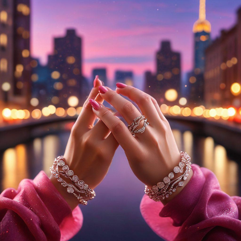 A close-up of intertwined hands with delicate rings, surrounded by soft, glowing hearts and subtle trail of sparkles, symbolizing desire and longing. In the background, a blurred cityscape at twilight, enhancing a sense of urban romance. The overall color palette should consist of warm reds, deep purples, and soft pinks, evoking a passionate atmosphere. painting. vibrant colors. soft focus.